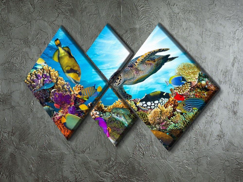 Reef with many fishes and sea turtle 4 Square Multi Panel Canvas  - Canvas Art Rocks - 2
