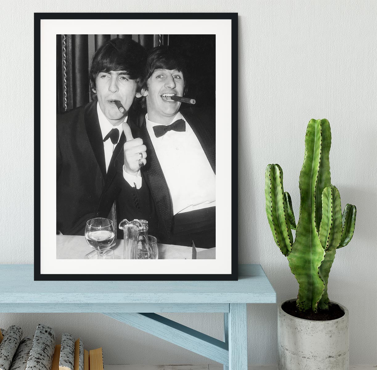 Ringo Starr and George Harrison smoking cigars Framed Print - Canvas Art Rocks - 1