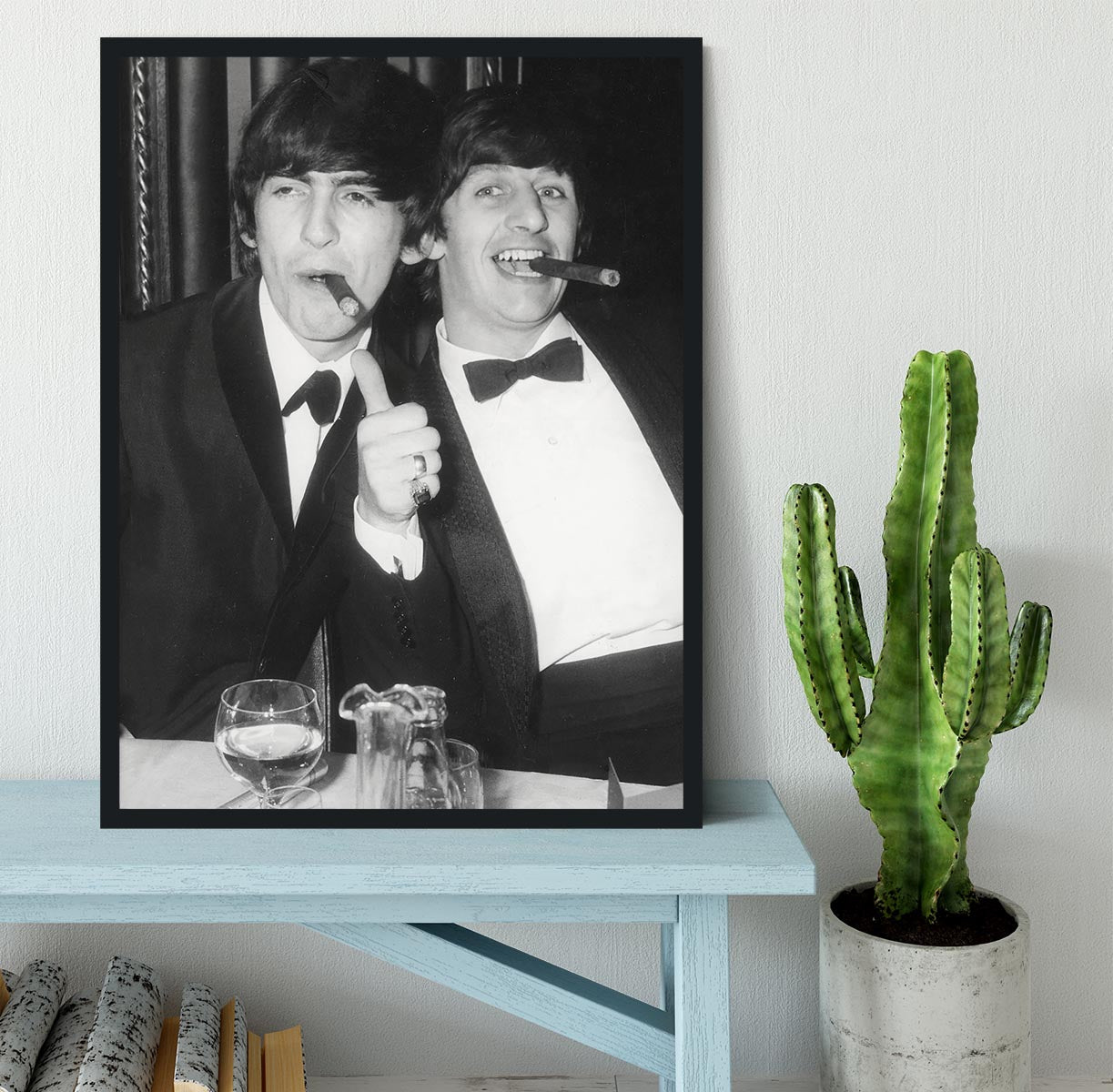 Ringo Starr and George Harrison smoking cigars Framed Print - Canvas Art Rocks - 2