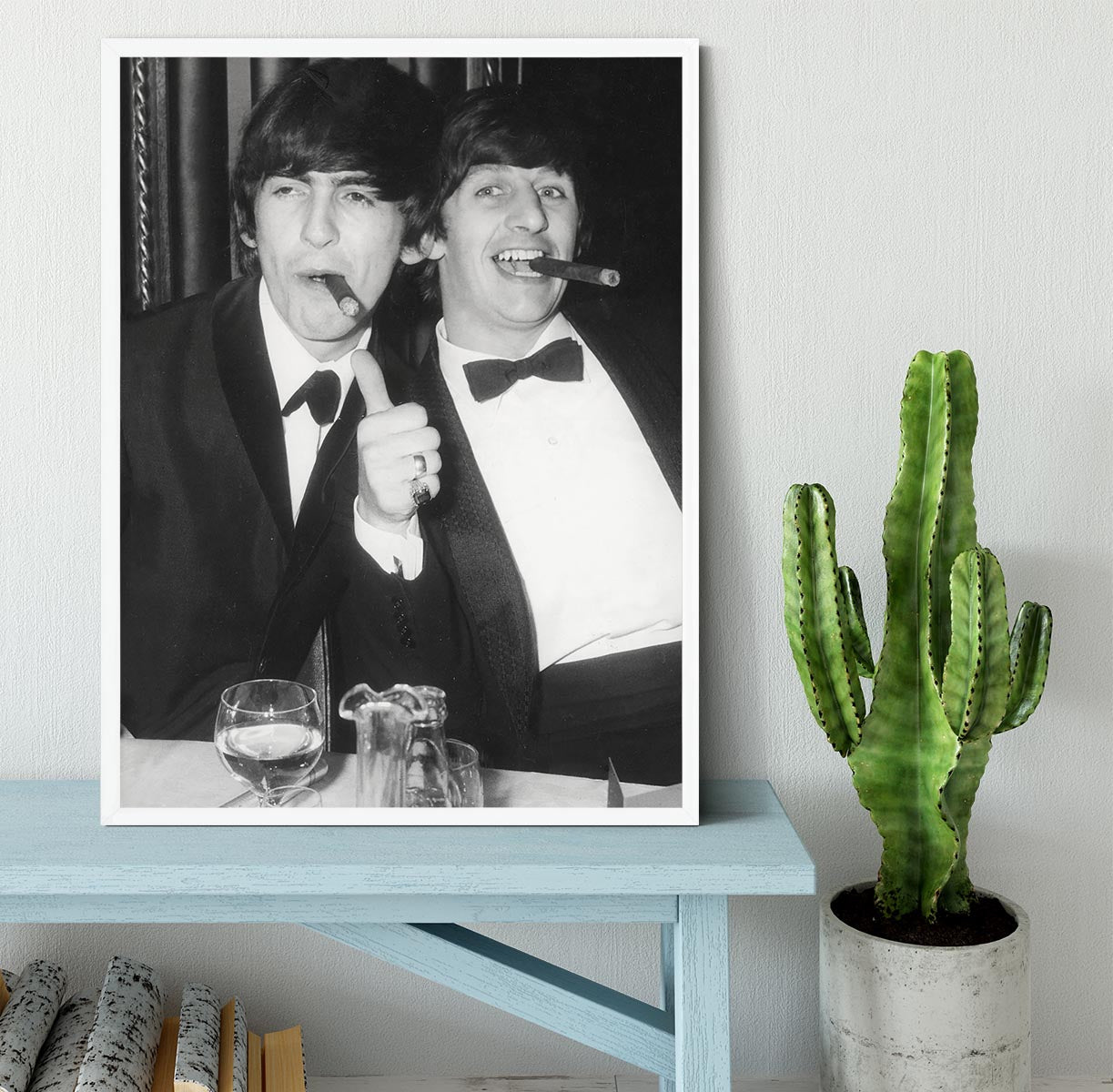 Ringo Starr and George Harrison smoking cigars Framed Print - Canvas Art Rocks -6