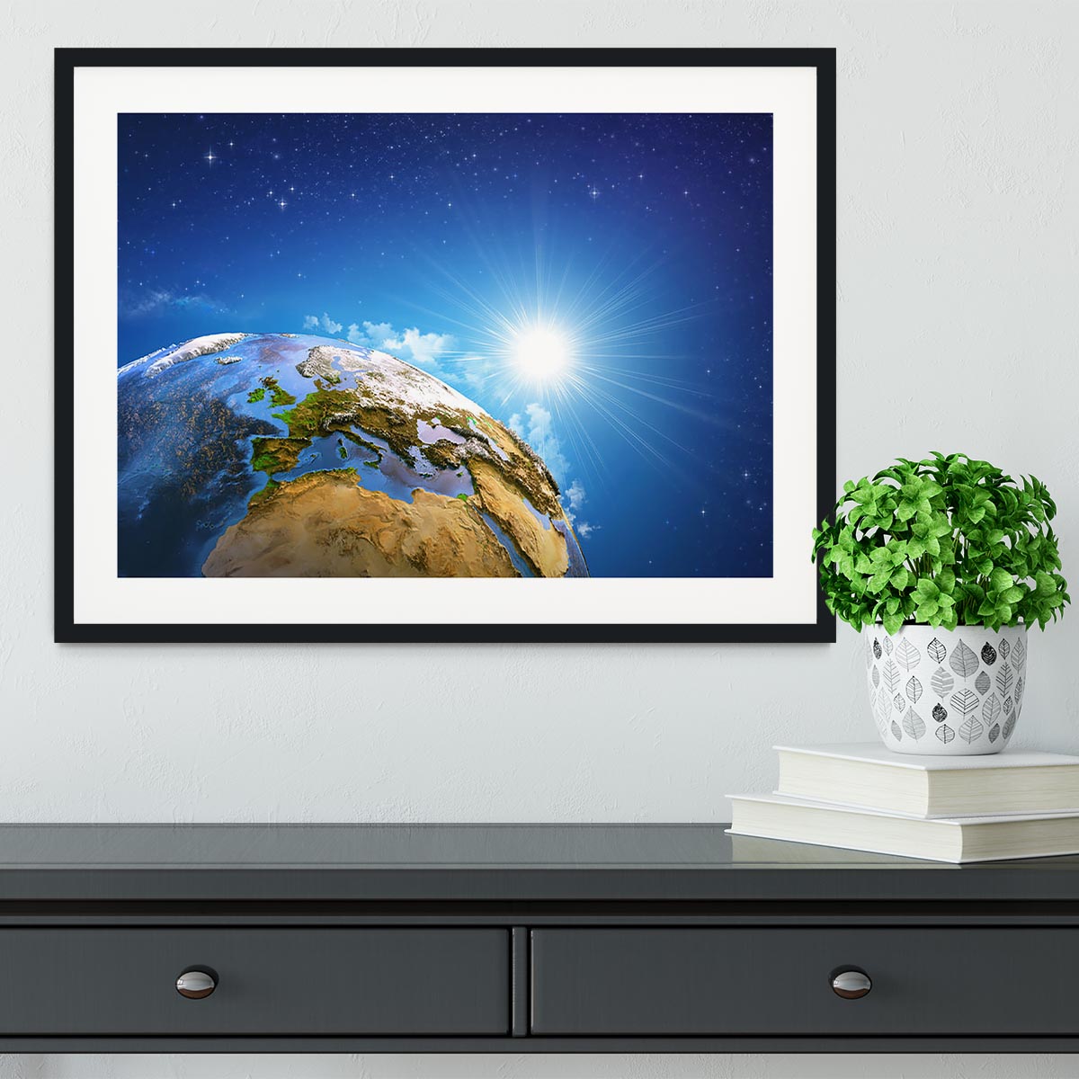 Rising sun over the Earth and its landforms Framed Print - Canvas Art Rocks - 1