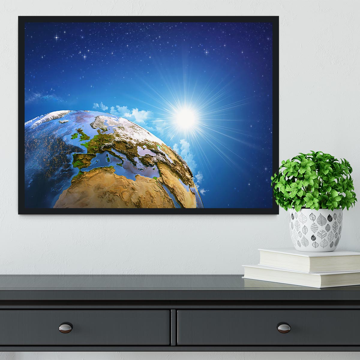 Rising sun over the Earth and its landforms Framed Print - Canvas Art Rocks - 2