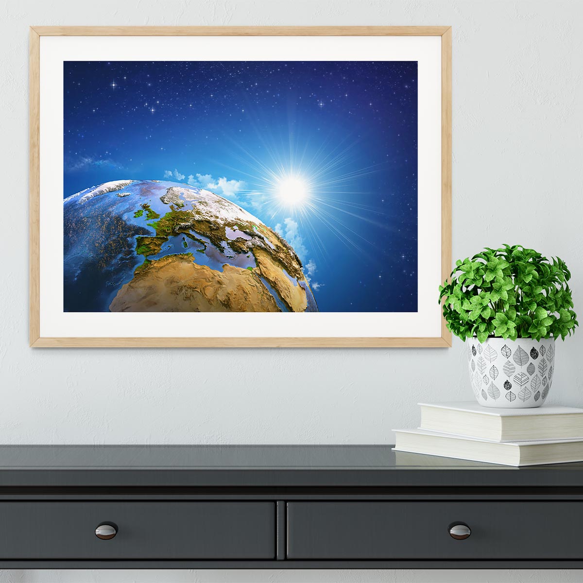 Rising sun over the Earth and its landforms Framed Print - Canvas Art Rocks - 3