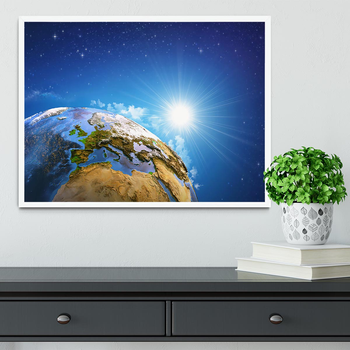 Rising sun over the Earth and its landforms Framed Print - Canvas Art Rocks -6