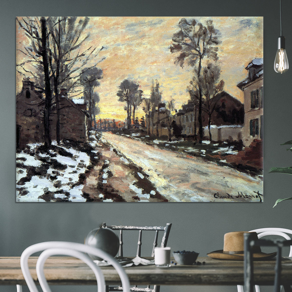 Road to Louveciennes melting snow children sunset by Monet Canvas Print or Poster - Canvas Art Rocks - 3