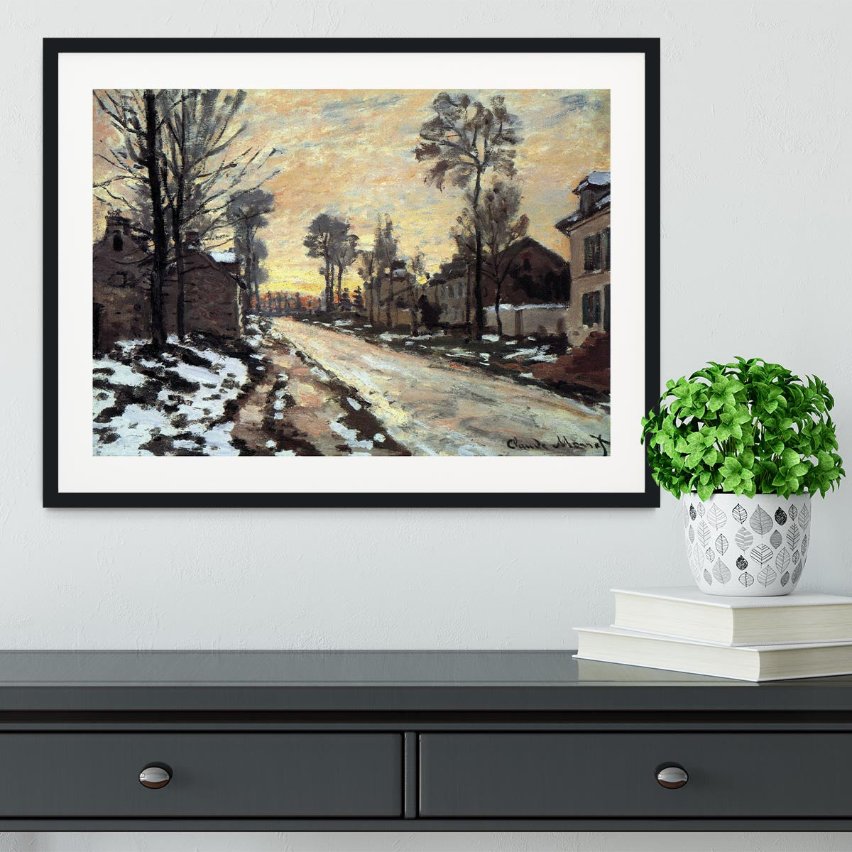 Road to Louveciennes melting snow children sunset by Monet Framed Print - Canvas Art Rocks - 1