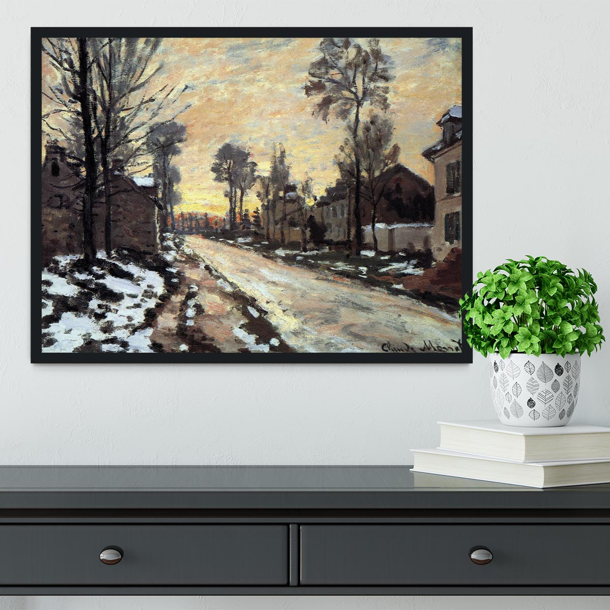 Road to Louveciennes melting snow children sunset by Monet Framed Print - Canvas Art Rocks - 2