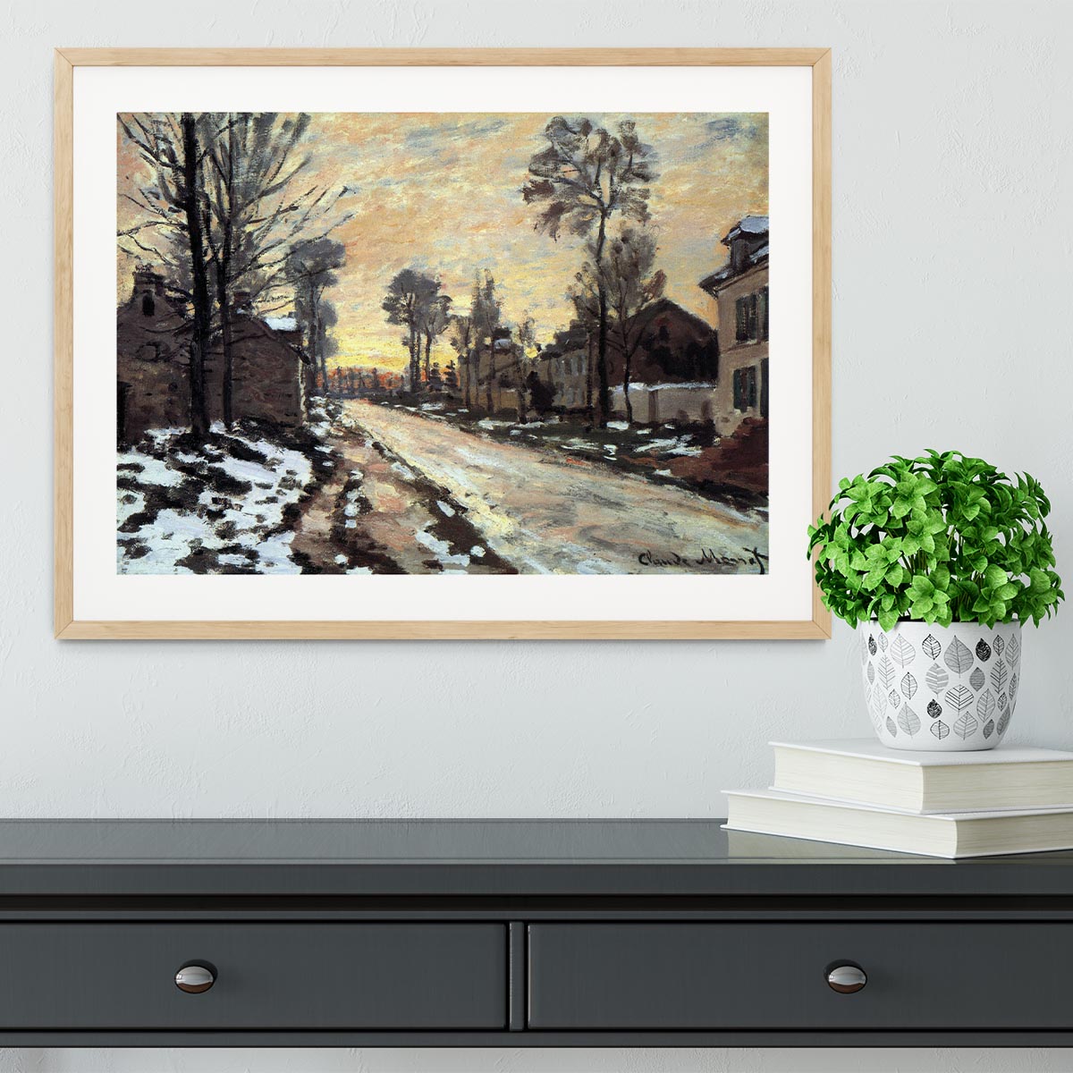 Road to Louveciennes melting snow children sunset by Monet Framed Print - Canvas Art Rocks - 3