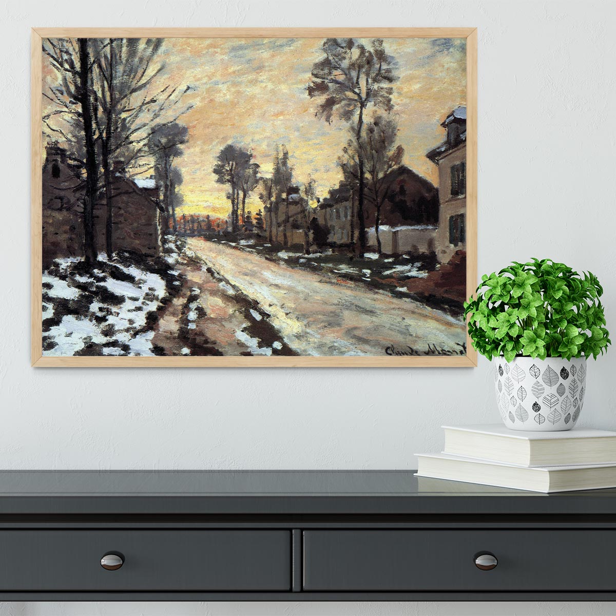 Road to Louveciennes melting snow children sunset by Monet Framed Print - Canvas Art Rocks - 4