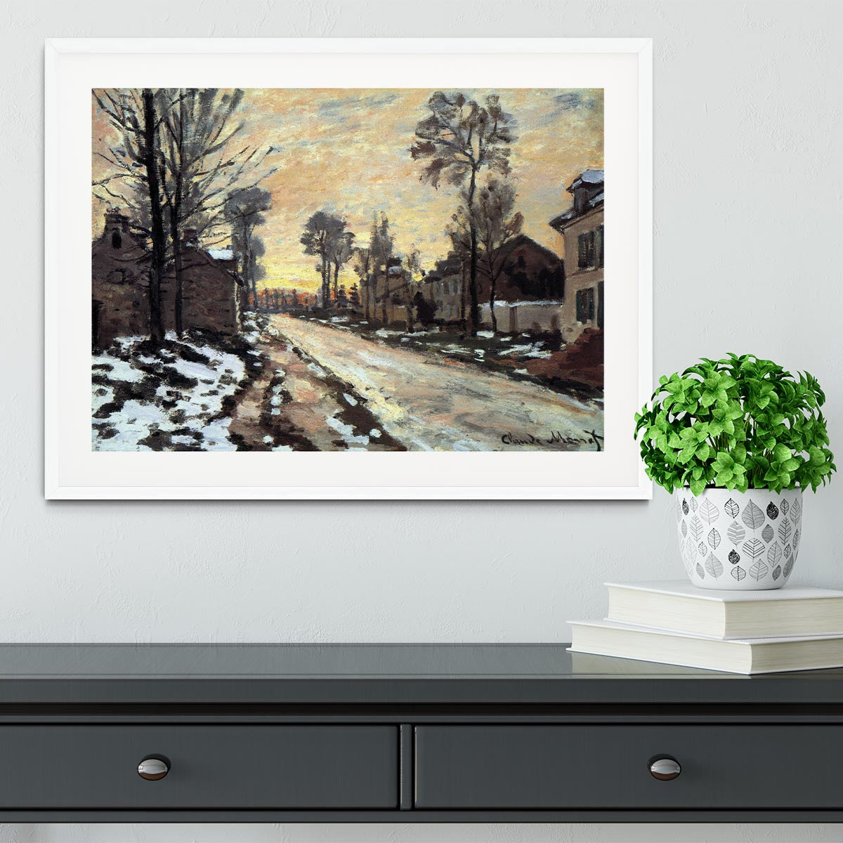Road to Louveciennes melting snow children sunset by Monet Framed Print - Canvas Art Rocks - 5