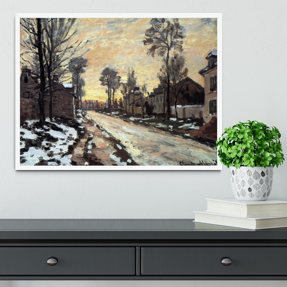 Road to Louveciennes melting snow children sunset by Monet Framed Print - Canvas Art Rocks -6