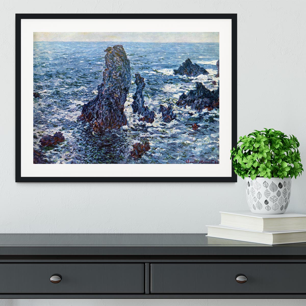 Rocks on Belle Ile The needles of Port Coton by Monet Framed Print - Canvas Art Rocks - 1