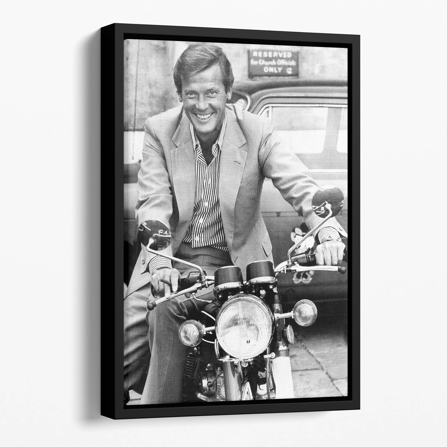Roger Moore on a motorbike Floating Framed Canvas