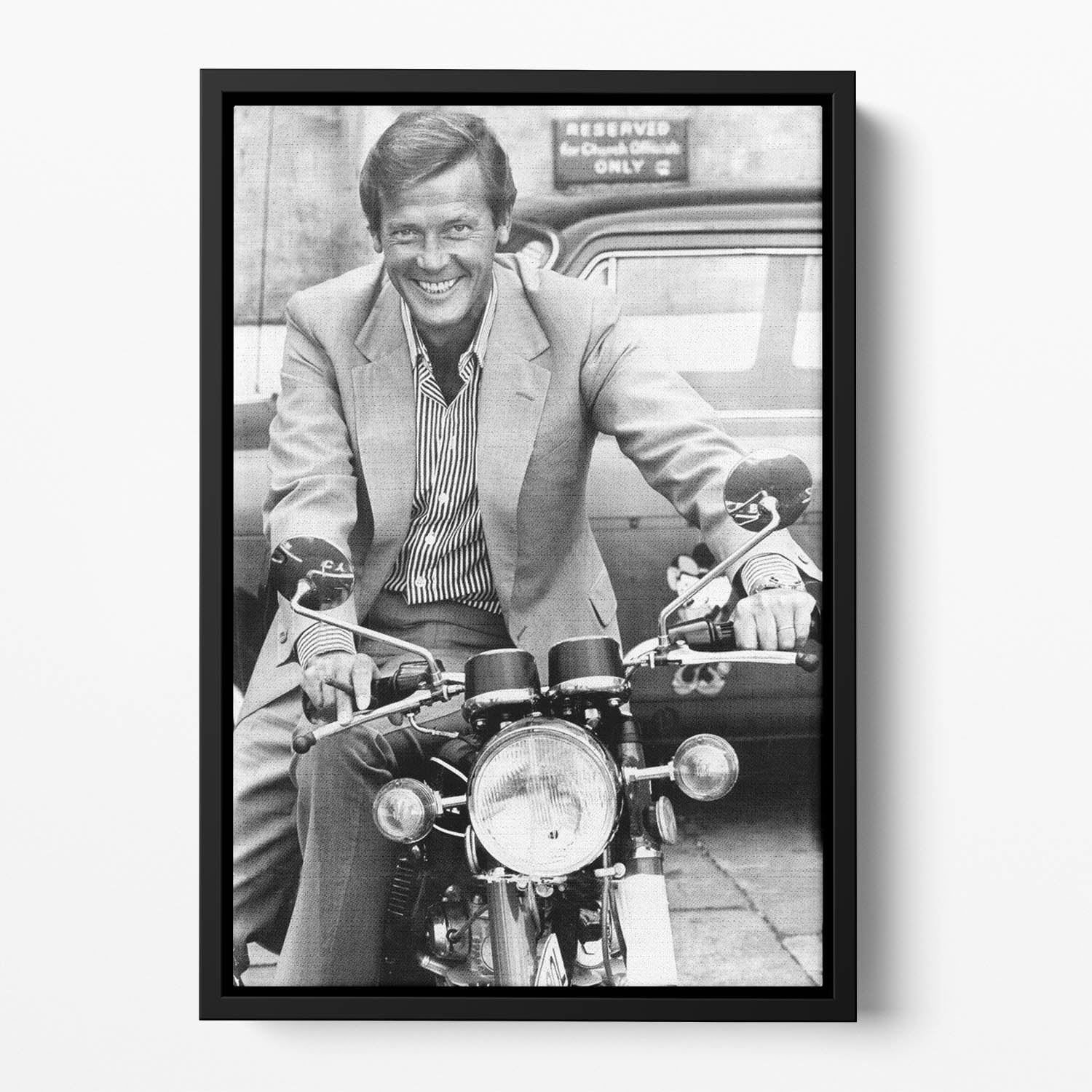 Roger Moore on a motorbike Floating Framed Canvas