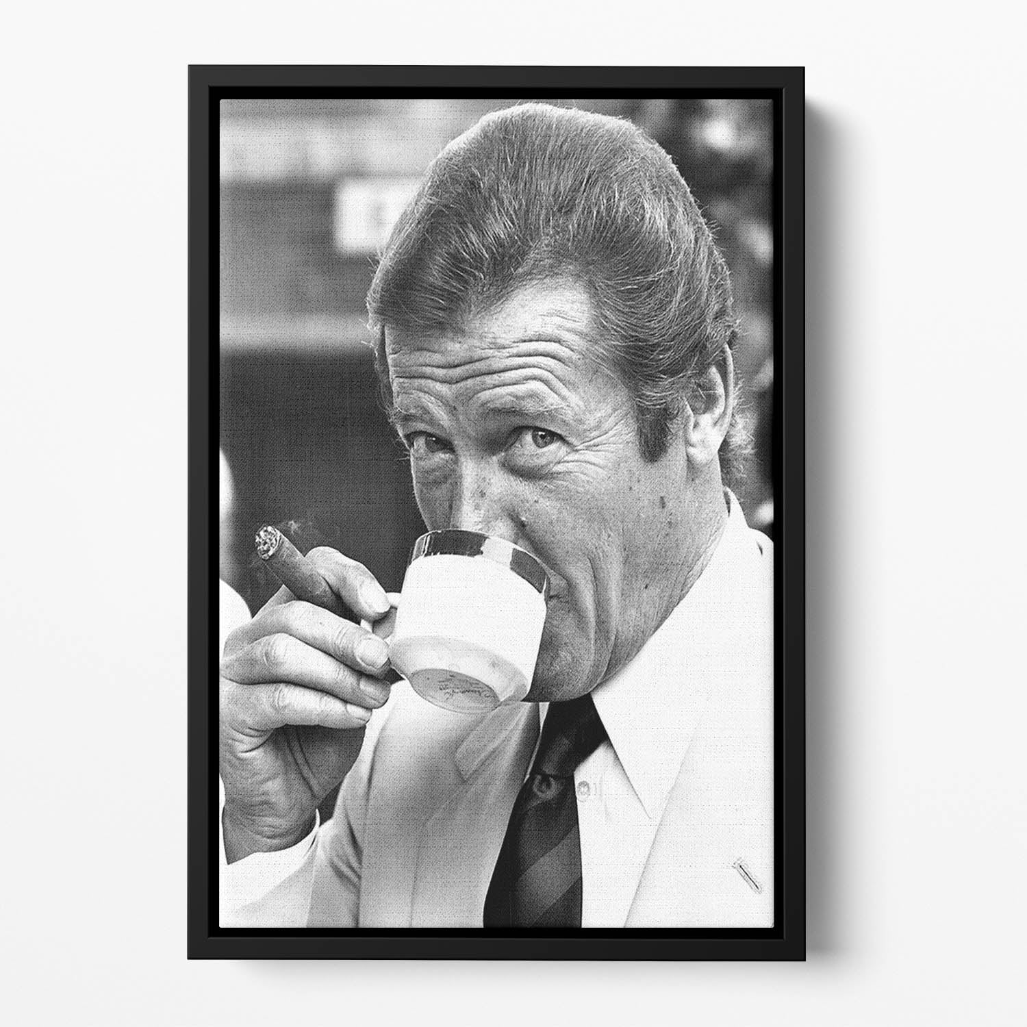 Roger Moore with coffee and a cigar Floating Framed Canvas