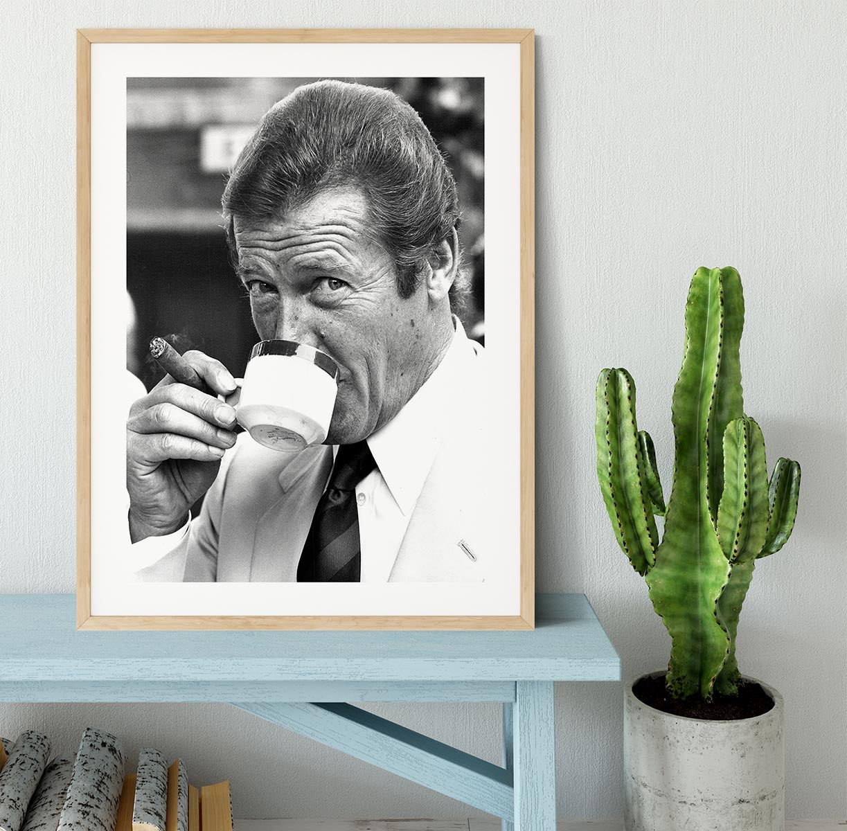 Roger Moore with coffee and a cigar Framed Print - Canvas Art Rocks - 3