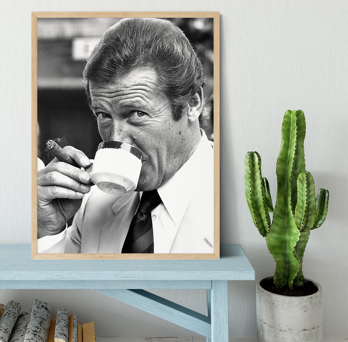 Roger Moore with coffee and a cigar Framed Print - Canvas Art Rocks - 4