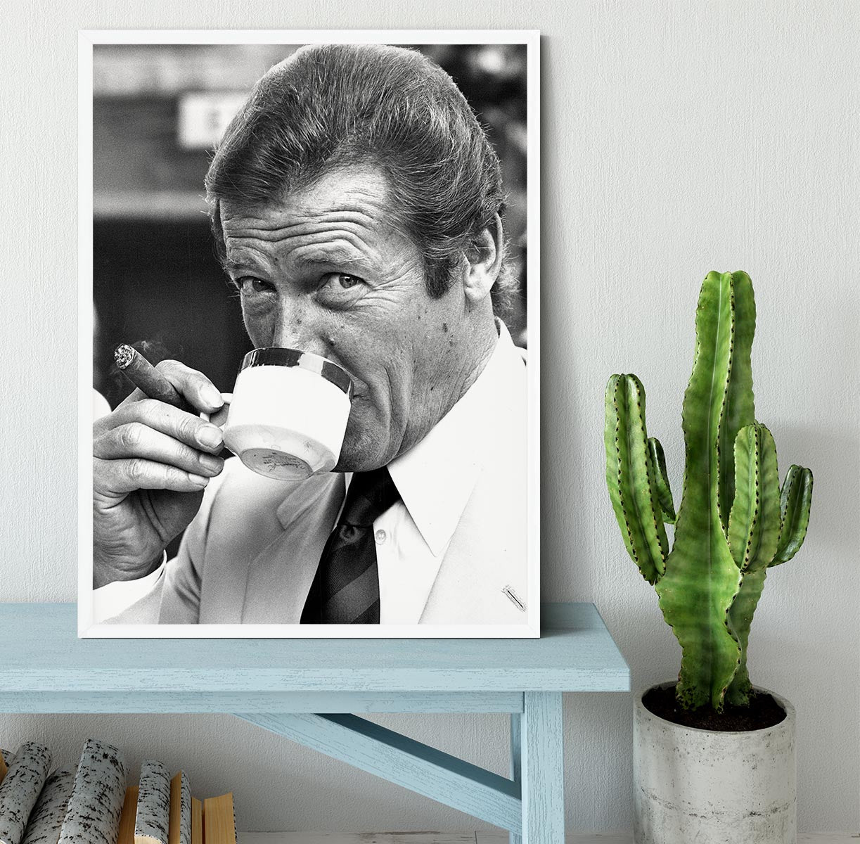 Roger Moore with coffee and a cigar Framed Print - Canvas Art Rocks -6