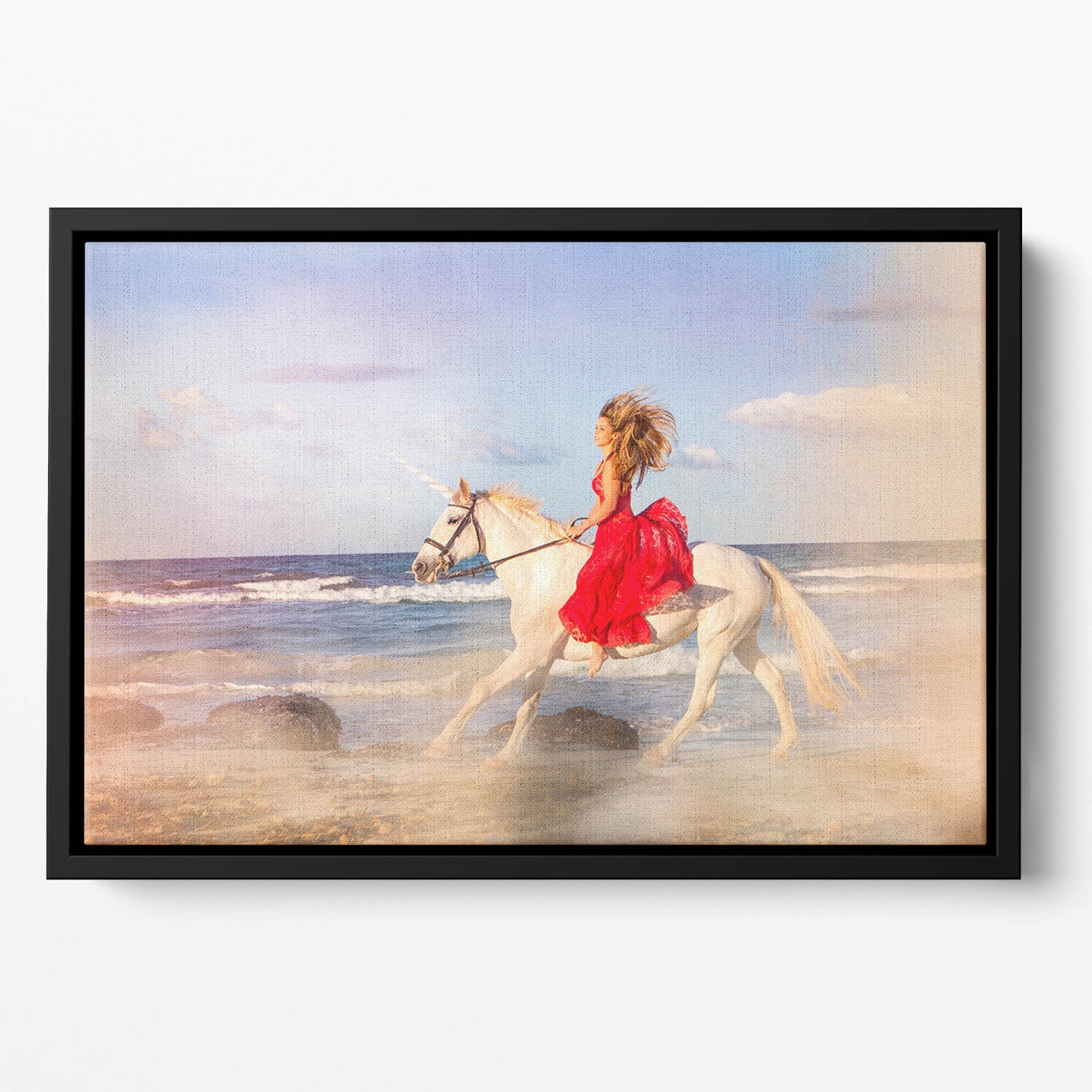 Romantic woman bareback riding Floating Framed Canvas