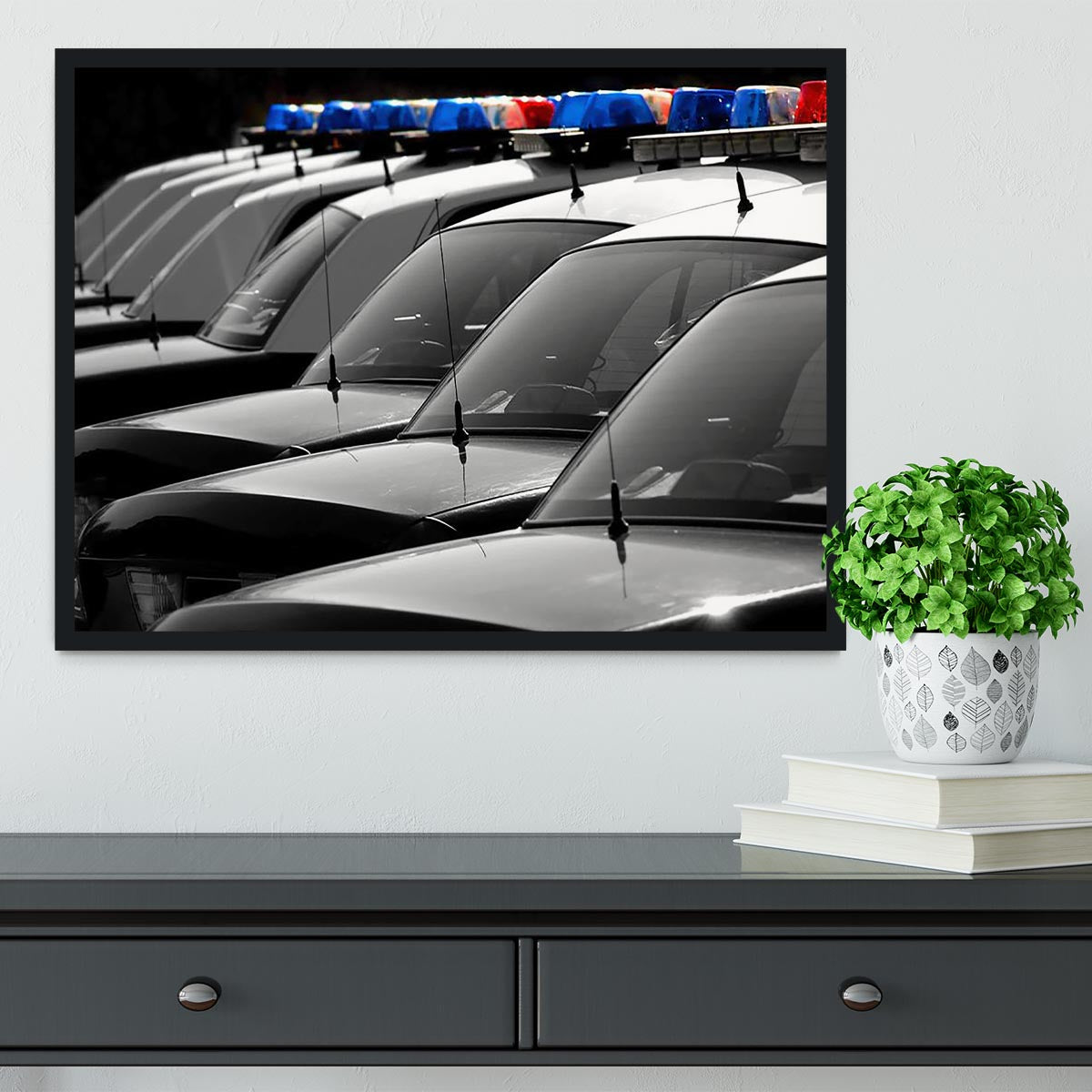 Row of Police Cars with Blue and Red Lights Framed Print - Canvas Art Rocks - 2