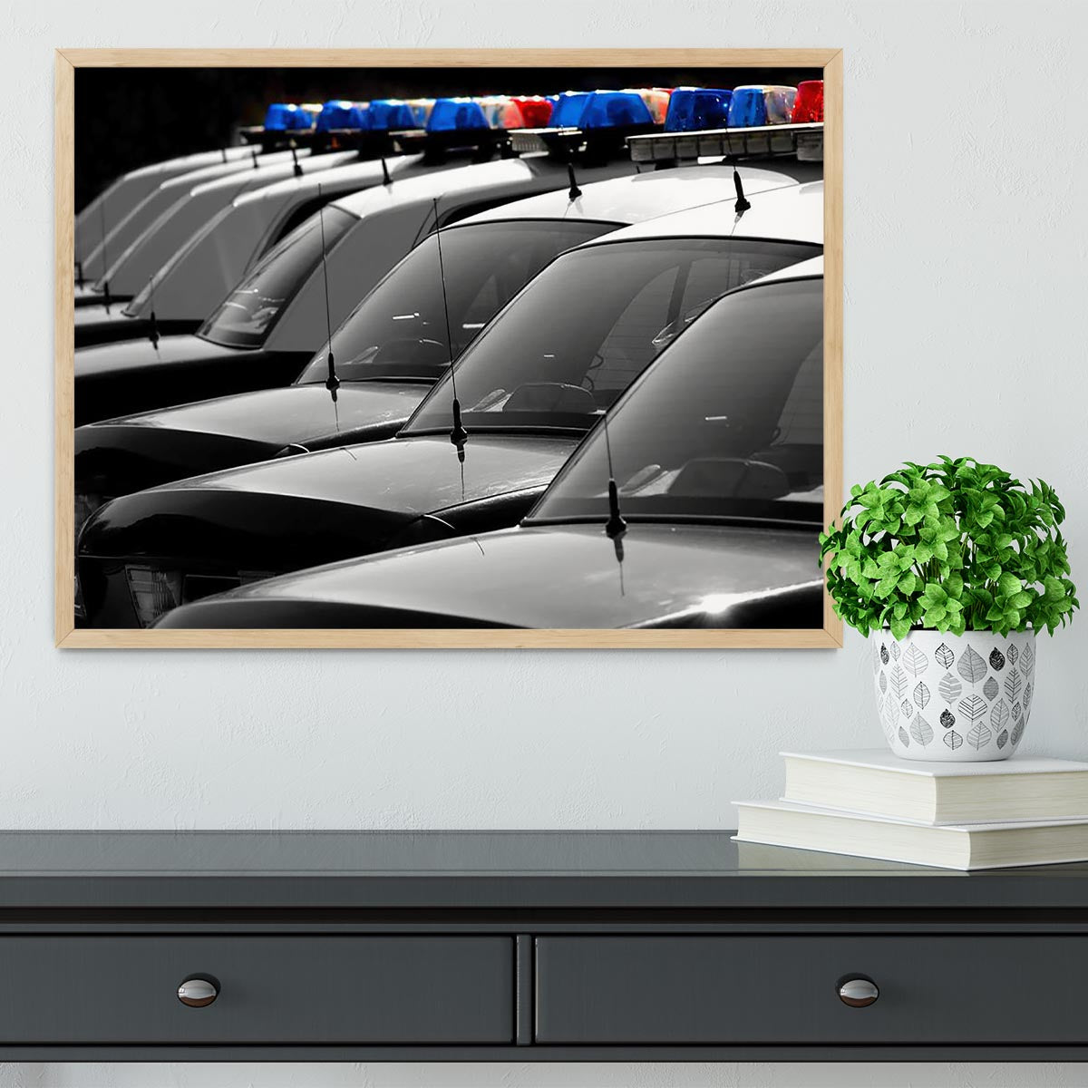Row of Police Cars with Blue and Red Lights Framed Print - Canvas Art Rocks - 4