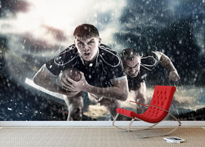 Rugby players running in the rain Wall Mural Wallpaper - Canvas Art Rocks - 2