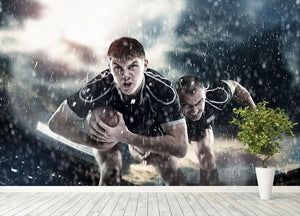 Rugby players running in the rain Wall Mural Wallpaper - Canvas Art Rocks - 4