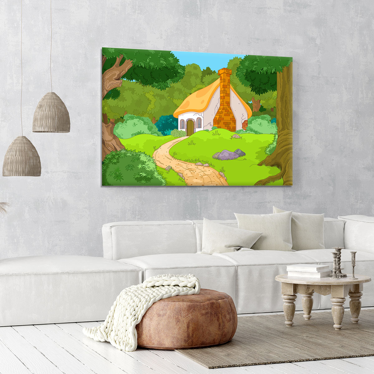 Rural Cartoon Forest Cabin Landscape Canvas Print or Poster - Canvas Art Rocks - 6