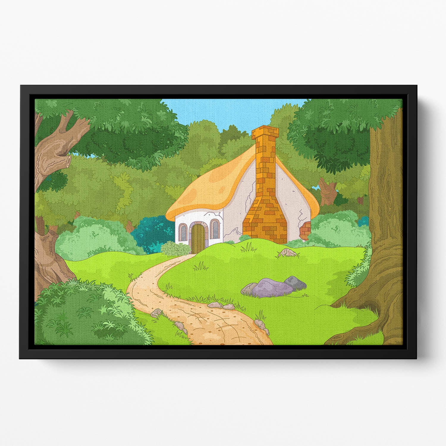 Rural Cartoon Forest Cabin Landscape Floating Framed Canvas