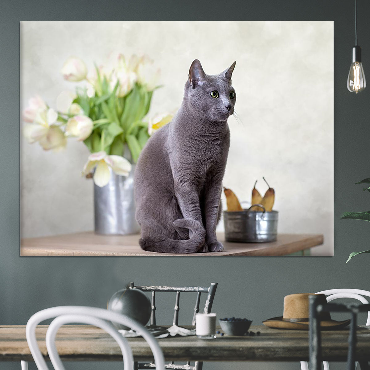 Russian Blue cat sitting on table with pears and tulips Canvas Print or Poster - Canvas Art Rocks - 3