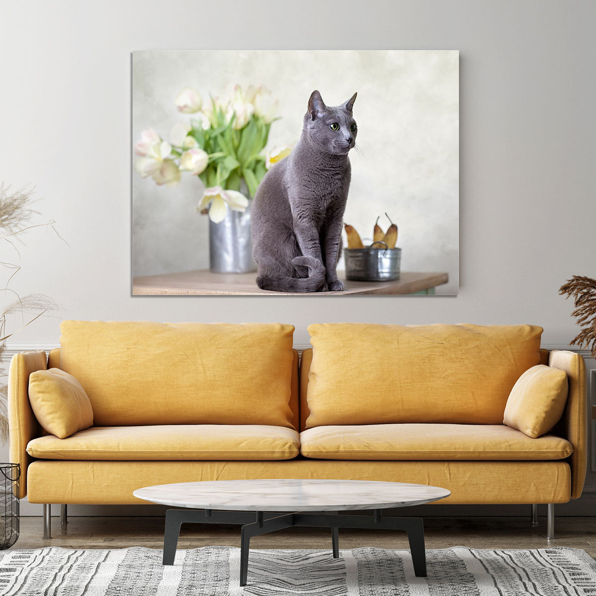 Russian Blue cat sitting on table with pears and tulips Canvas Print or Poster - Canvas Art Rocks - 4