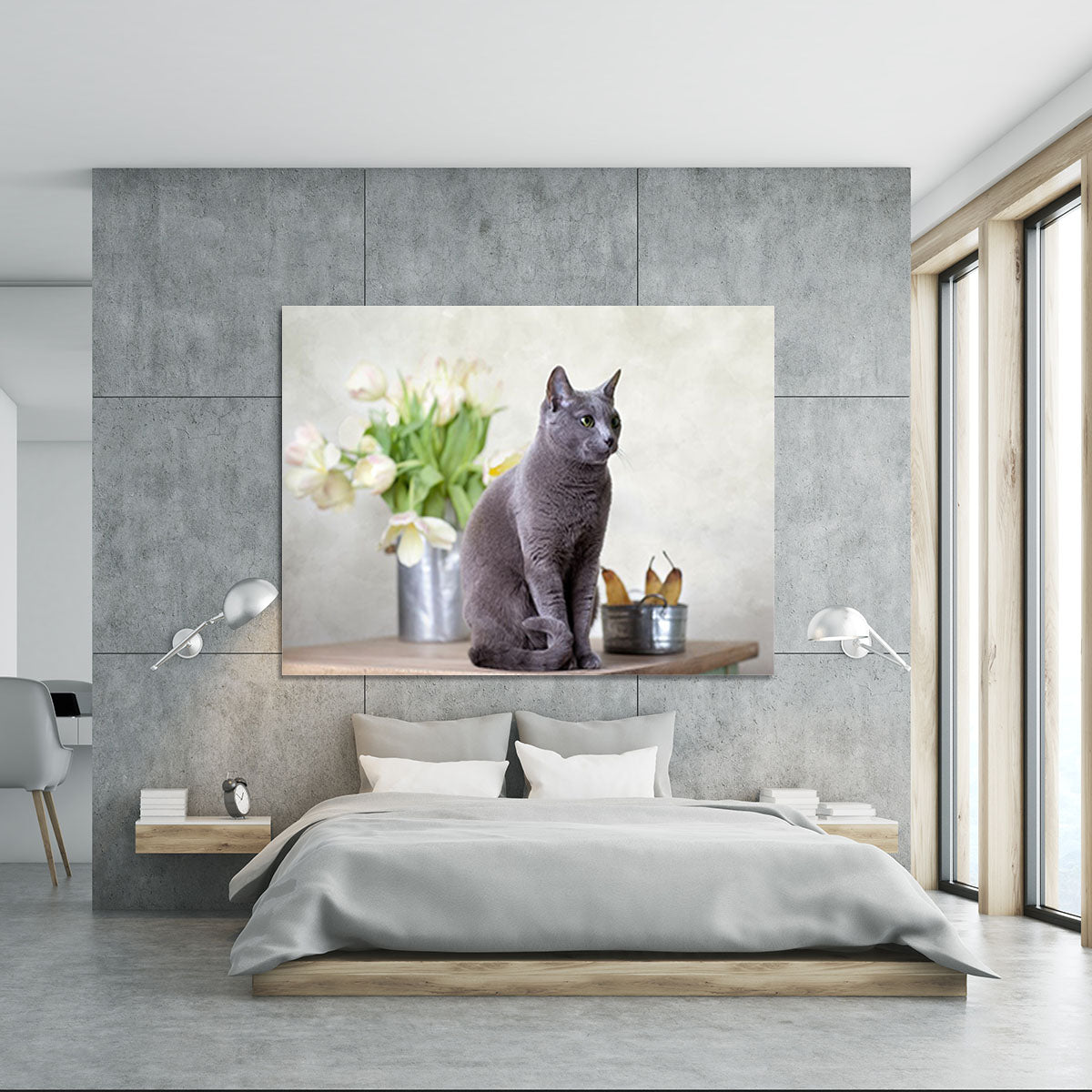 Russian Blue cat sitting on table with pears and tulips Canvas Print or Poster - Canvas Art Rocks - 5