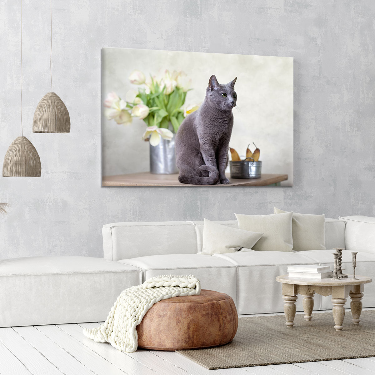 Russian Blue cat sitting on table with pears and tulips Canvas Print or Poster - Canvas Art Rocks - 6