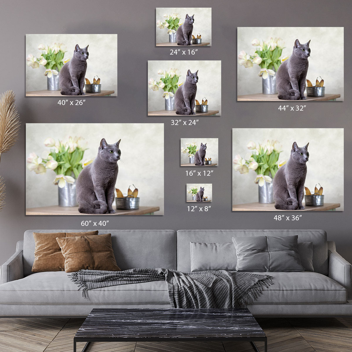Russian Blue cat sitting on table with pears and tulips Canvas Print or Poster - Canvas Art Rocks - 7