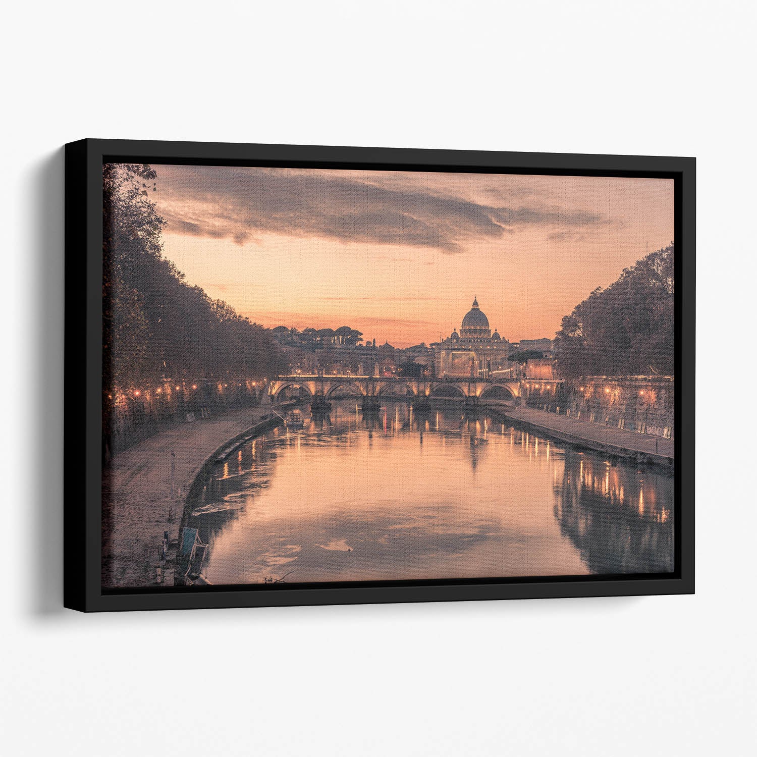 Saint Angelo Bridge and Tiber River in the sunset Floating Framed Canvas