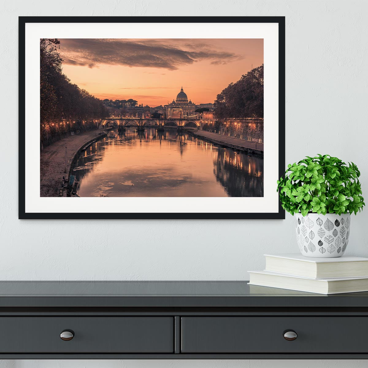Saint Angelo Bridge and Tiber River in the sunset Framed Print - Canvas Art Rocks - 1