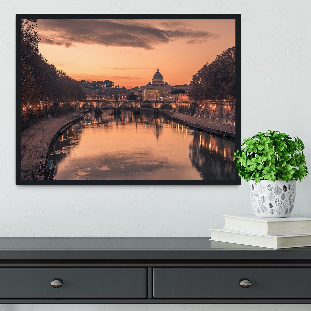Saint Angelo Bridge and Tiber River in the sunset Framed Print - Canvas Art Rocks - 2