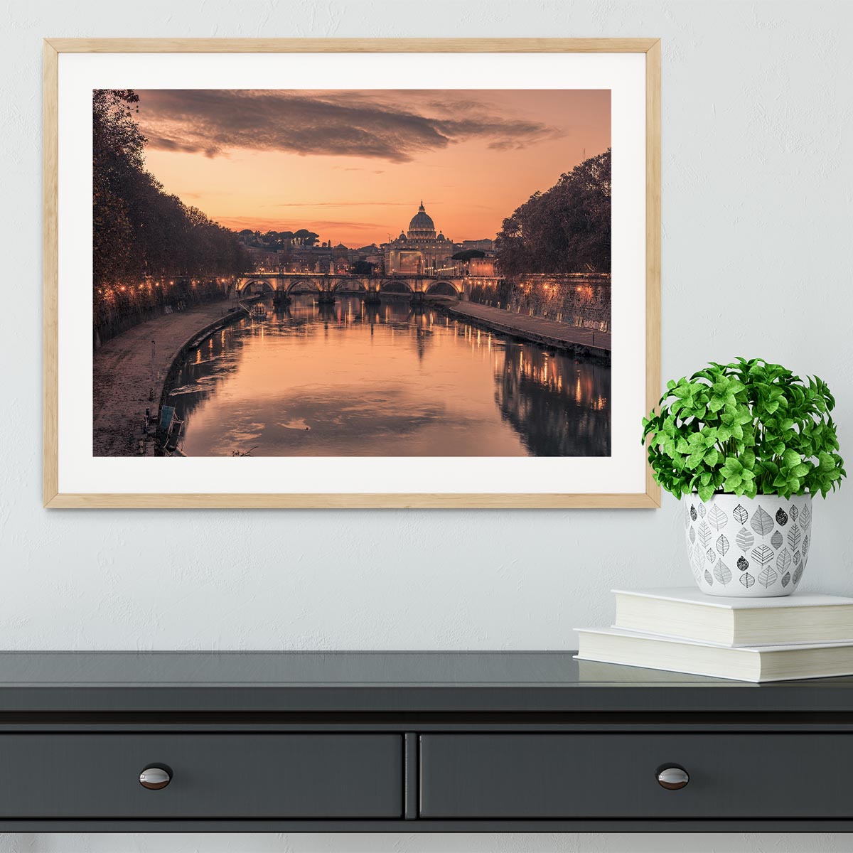 Saint Angelo Bridge and Tiber River in the sunset Framed Print - Canvas Art Rocks - 3