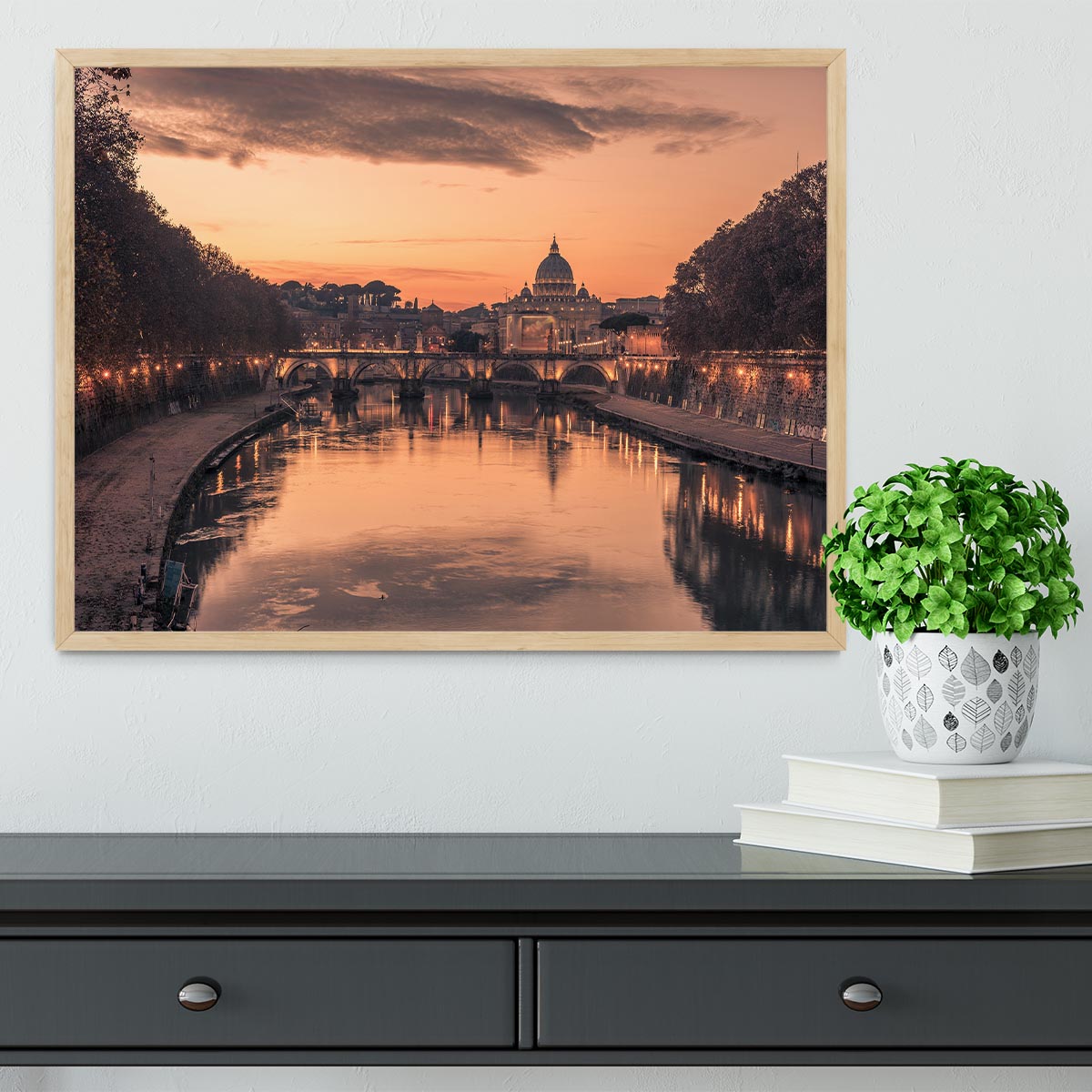 Saint Angelo Bridge and Tiber River in the sunset Framed Print - Canvas Art Rocks - 4