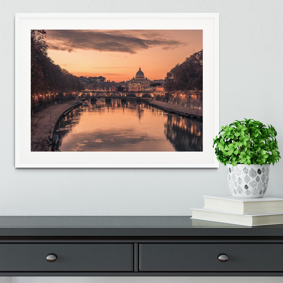 Saint Angelo Bridge and Tiber River in the sunset Framed Print - Canvas Art Rocks - 5