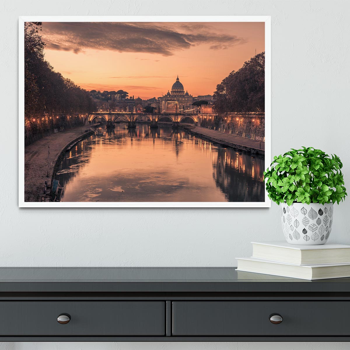 Saint Angelo Bridge and Tiber River in the sunset Framed Print - Canvas Art Rocks -6