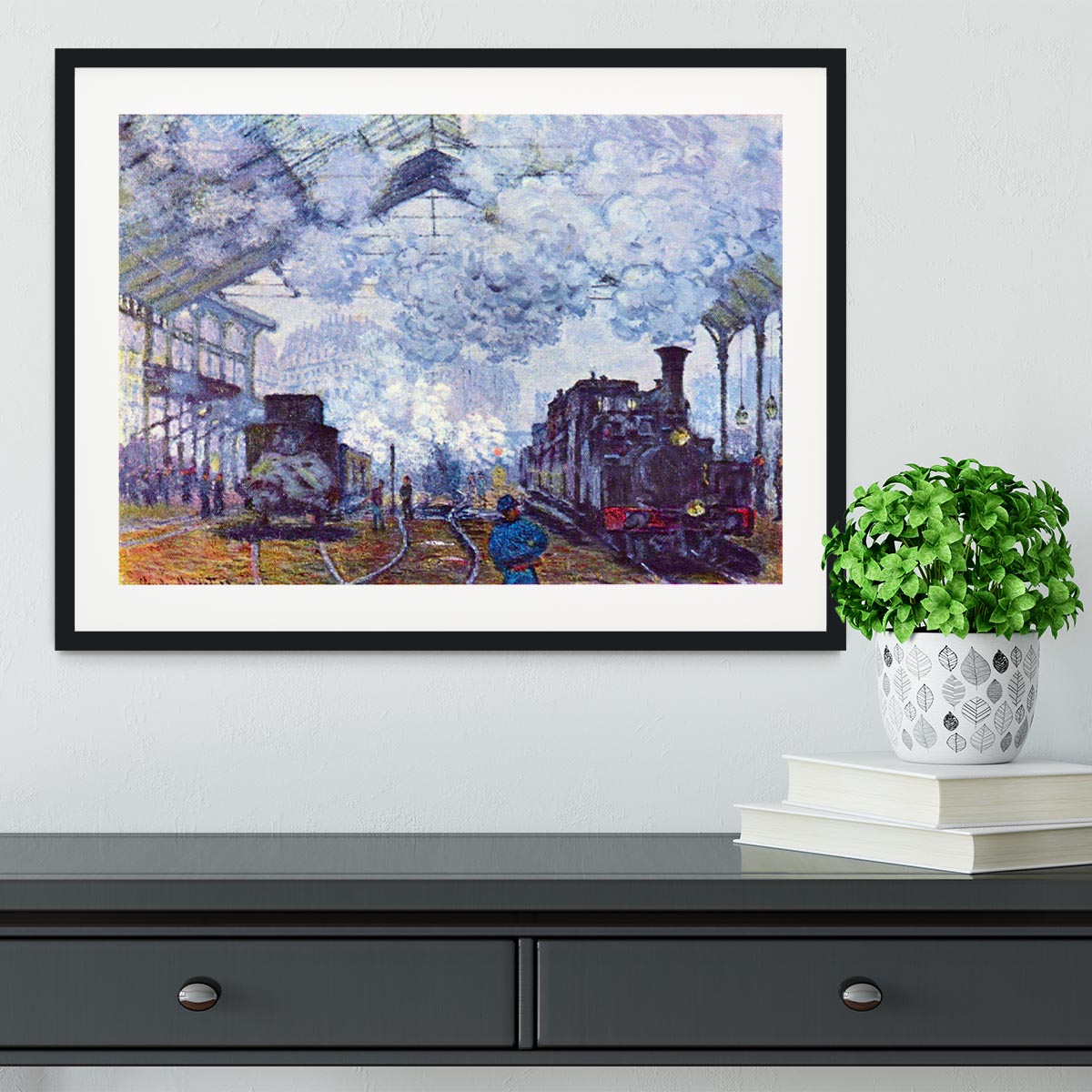 Saint Lazare station in Paris arrival of a train by Monet Framed Print - Canvas Art Rocks - 1