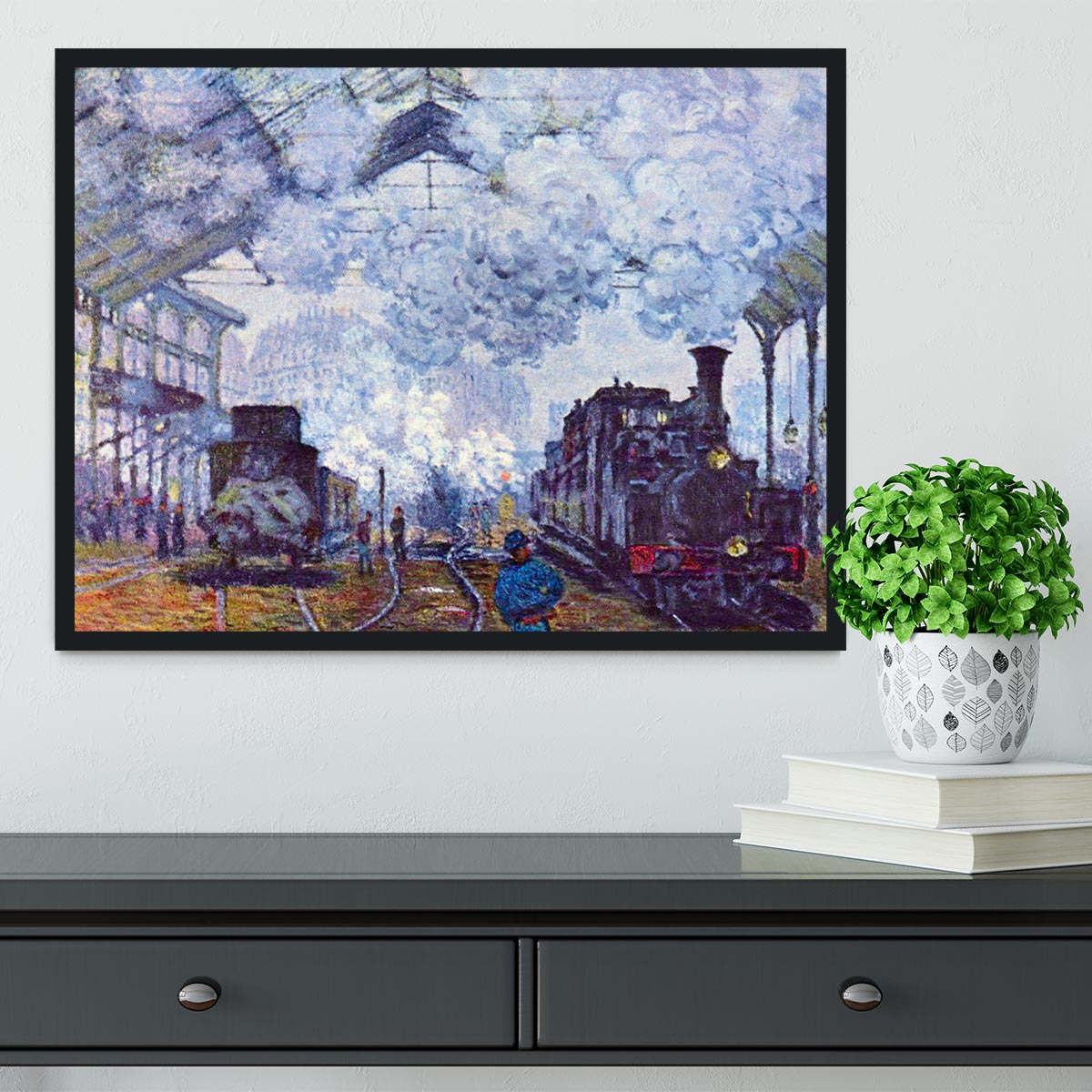 Saint Lazare station in Paris arrival of a train by Monet Framed Print - Canvas Art Rocks - 2