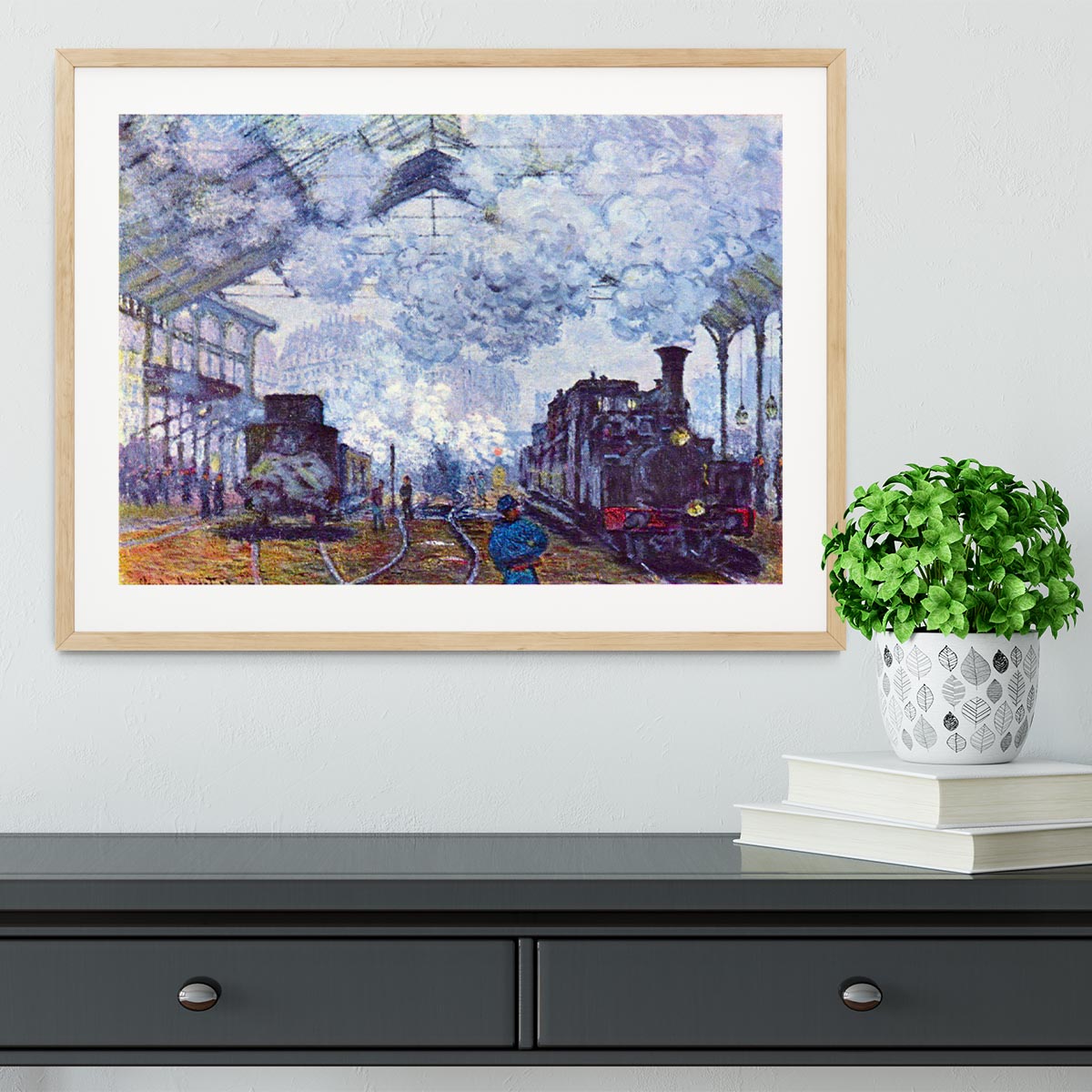 Saint Lazare station in Paris arrival of a train by Monet Framed Print - Canvas Art Rocks - 3