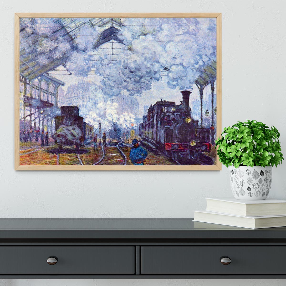 Saint Lazare station in Paris arrival of a train by Monet Framed Print - Canvas Art Rocks - 4