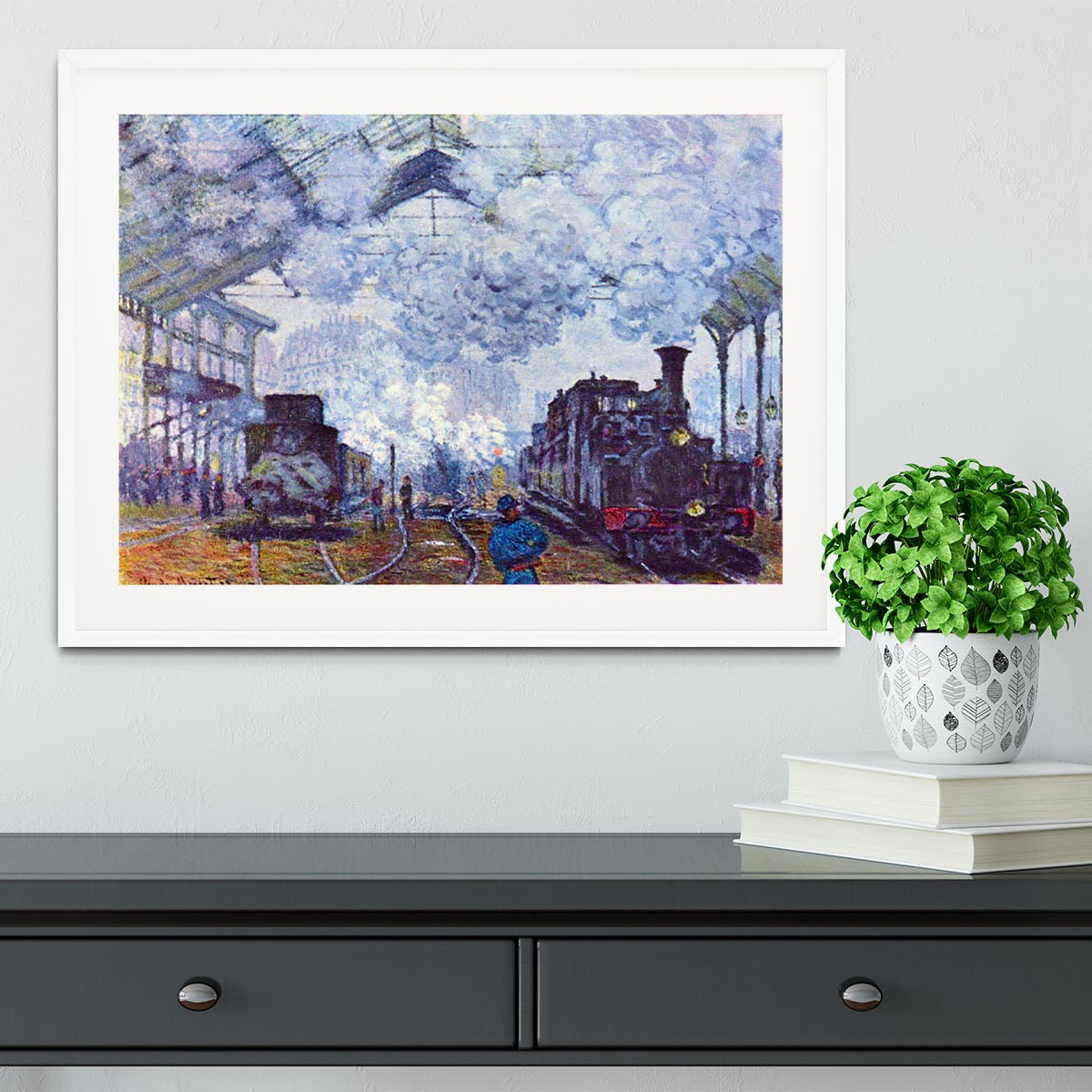 Saint Lazare station in Paris arrival of a train by Monet Framed Print - Canvas Art Rocks - 5