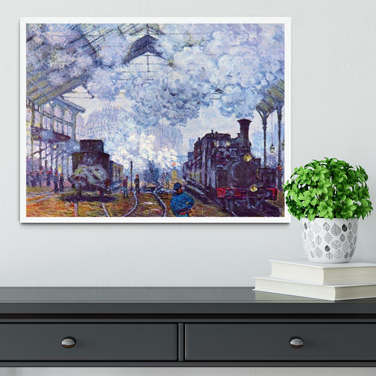 Saint Lazare station in Paris arrival of a train by Monet Framed Print - Canvas Art Rocks -6