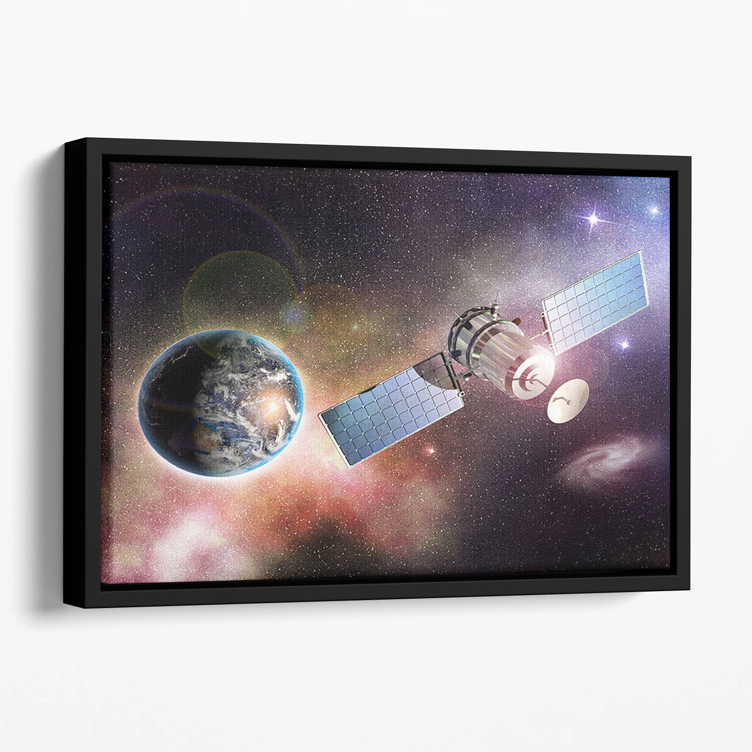 Satellite orbiting the earth in the outer space Floating Framed Canvas