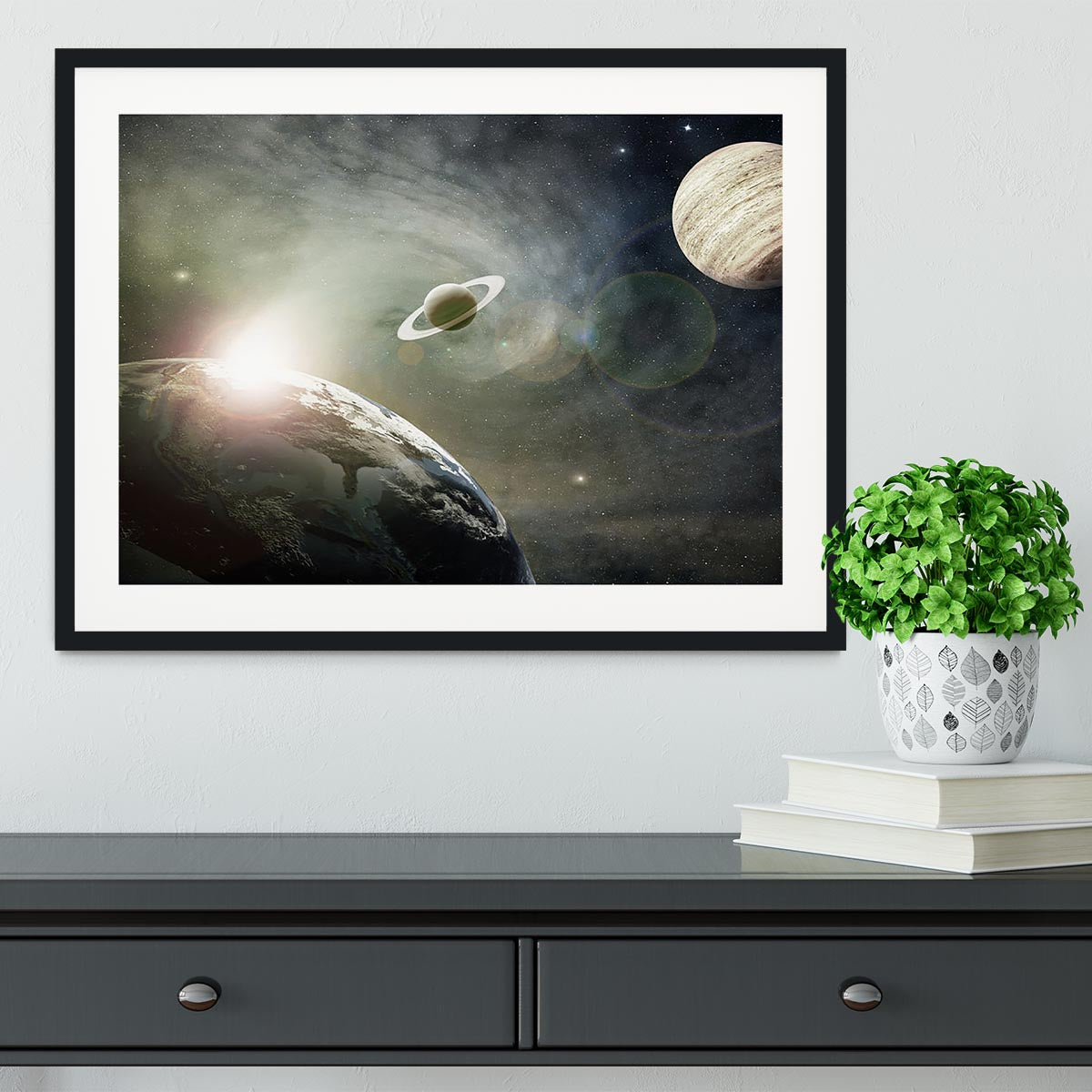 Saturn and Jupiter in a Cosmic Cloud Framed Print - Canvas Art Rocks - 1