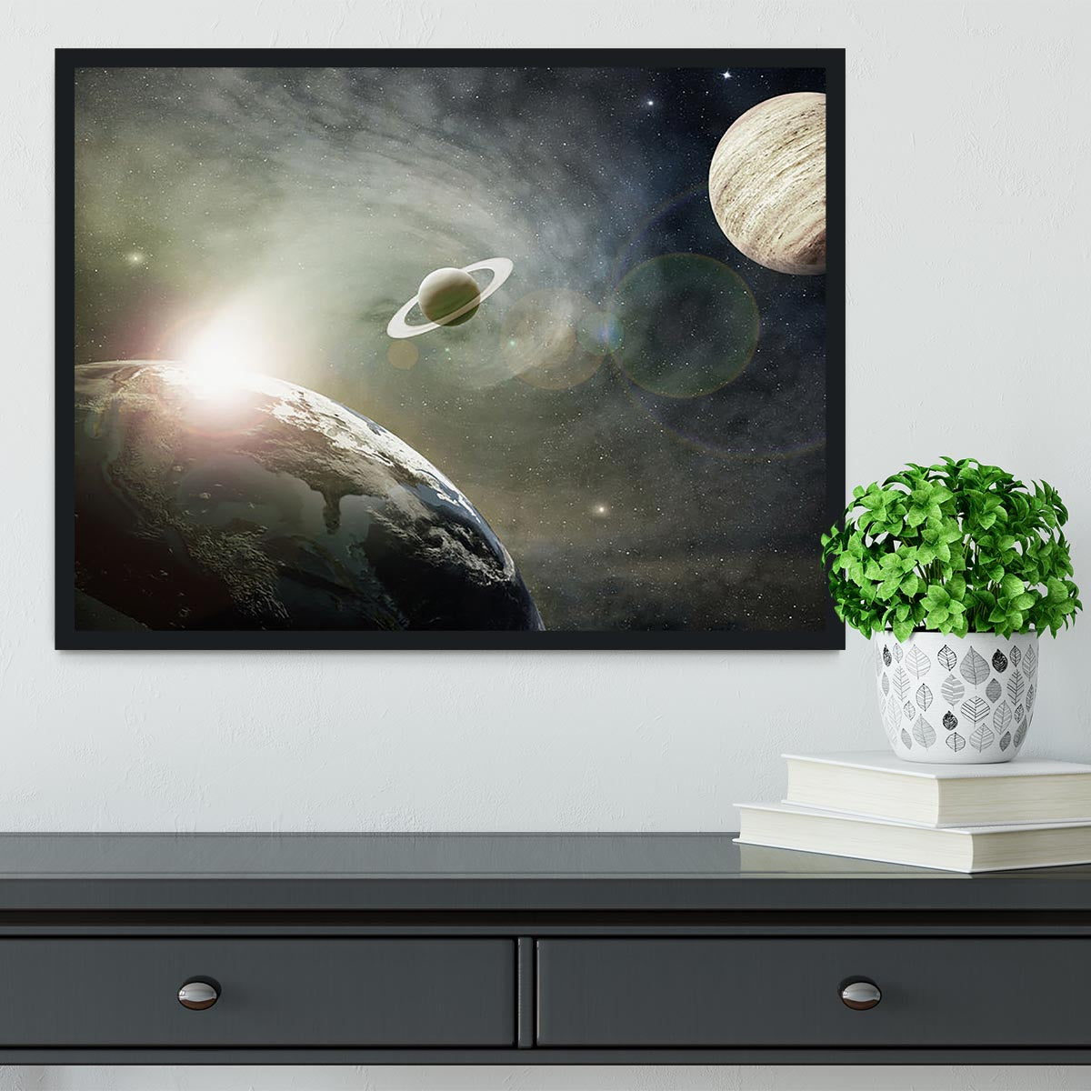 Saturn and Jupiter in a Cosmic Cloud Framed Print - Canvas Art Rocks - 2